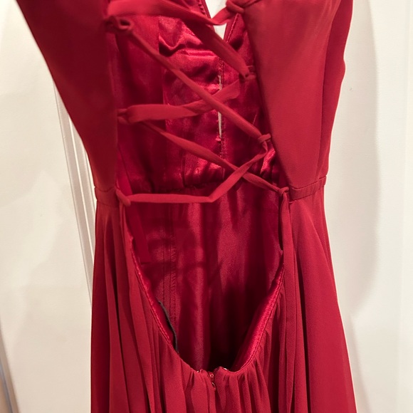 Red prom Dress with hip slit. Low back with criss cross lace up back. - Picture 5 of 12